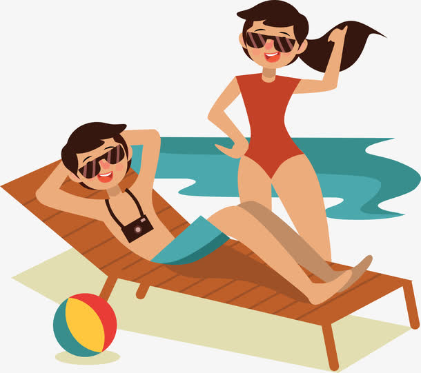 卡通手绘沙滩旅行人物插画