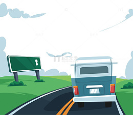 手绘夏日旅游蓝色旅行车矢量素材