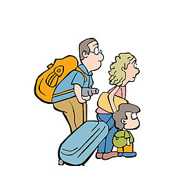 一家三口拉着行李箱外出旅游