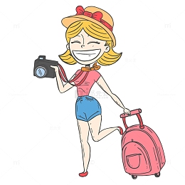 卡通旅行者拍照的美少女素材