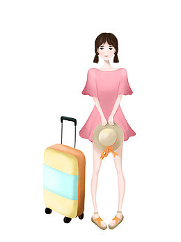 卡通手绘旅行的少女插画免抠