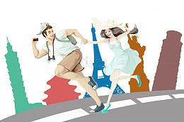卡通女人和男人旅游世界地标