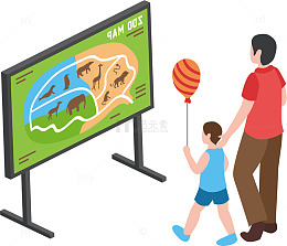 卡通手绘父子动物园游玩矢量插画