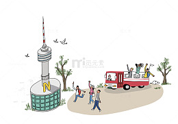 卡通手绘的团体旅游