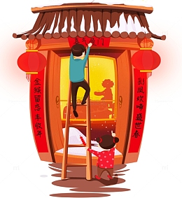 春节贴春联的男人