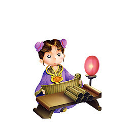 卡通挑灯夜读的古代女孩素材