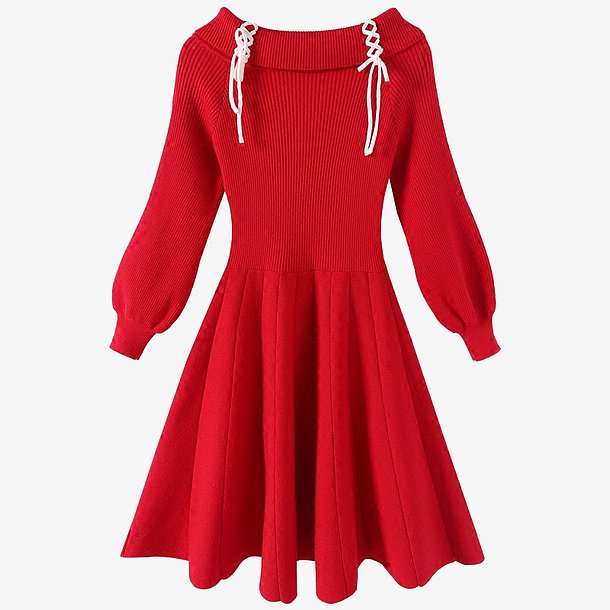 红色灯笼袖针织毛衣裙