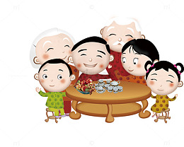 卡通新年团聚一家人