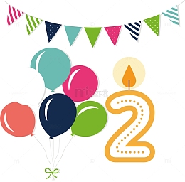 彩旗气球数字2卡通蛋糕生日素材