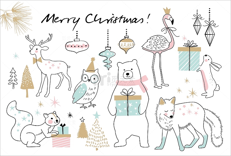 矢量手绘圣诞动物礼物背景