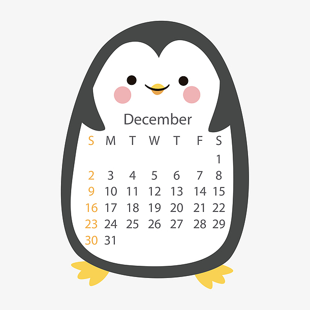 黑白色企鹅2018年12月动物日历