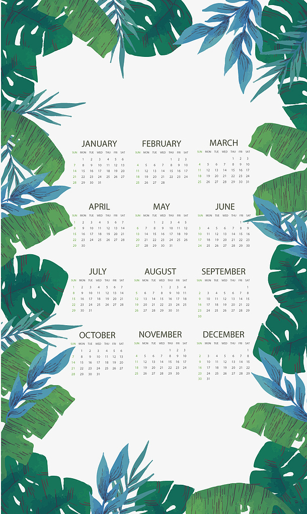 2018年绿色树叶年历矢量图