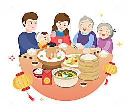 新年手绘一家人吃团圆饭的图片