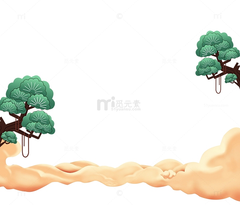 手绘中国风松树云朵插画