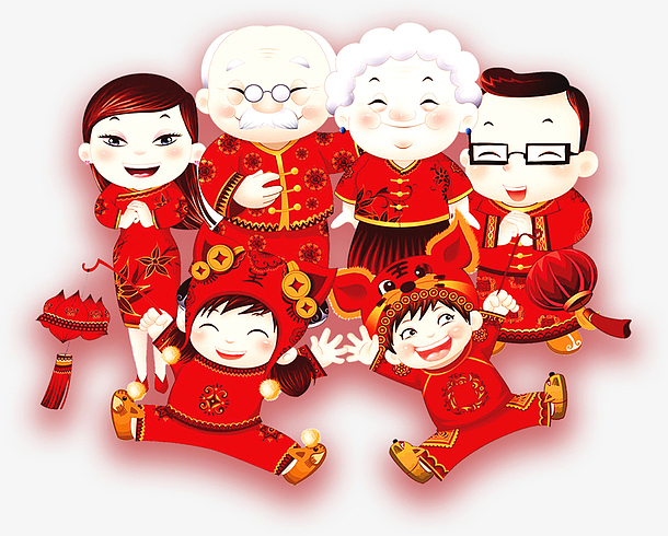 红色中国风春节一家人