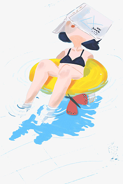 卡通手绘游泳的女孩插画免抠