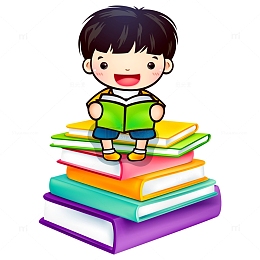坐在书本上看书的小男孩