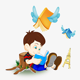 靠在木桩上的看书的小男孩