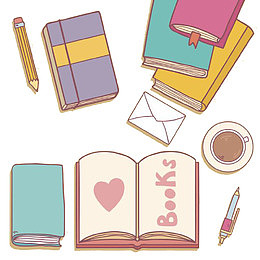 卡通铅笔信封书和咖啡