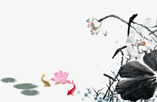 红莲金鱼墨荷池塘