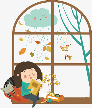 矢量图坐在窗台上看书的女孩