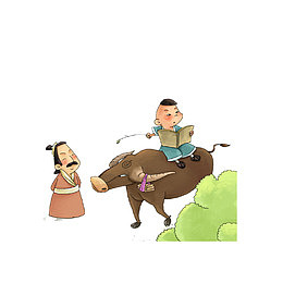 卡通骑在牛背上看书的古代小孩素