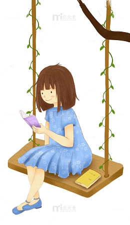 卡通手绘女孩坐在秋千上看书