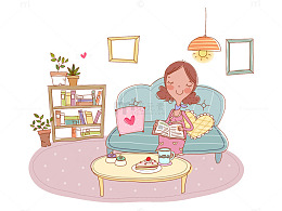 坐在沙发上看书的孕妇