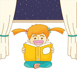 夜晚坐着读书的小女孩