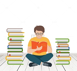卡通手绘看书的男孩插画免抠