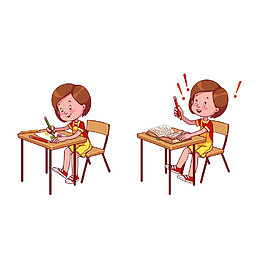 卡通书桌前思考写作业的女孩素材