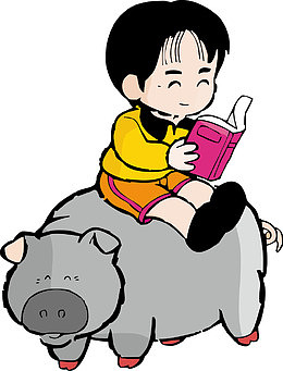手绘卡通小孩坐动作上面
