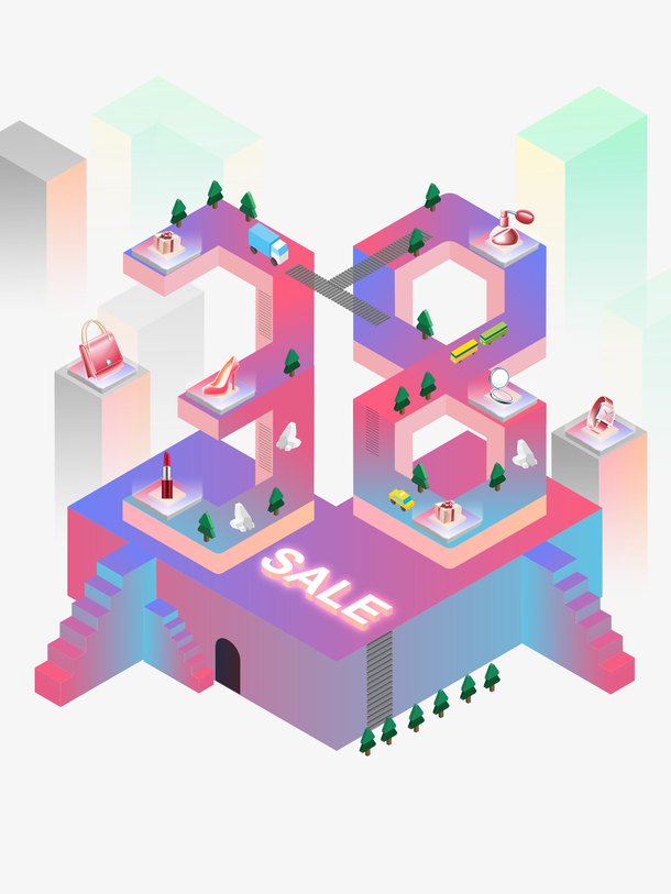 节日促销商场2.5d立体插画