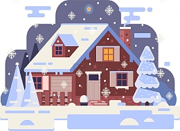 紫色卡通夜晚雪屋装饰素材