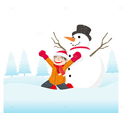 快乐的孩子背后的雪人