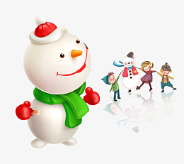 和雪人玩耍的小孩