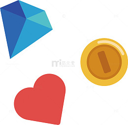 矢量手绘蓝色钻石和扁平爱心金币