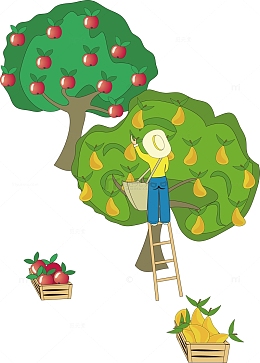 卡通果园摘水果插画