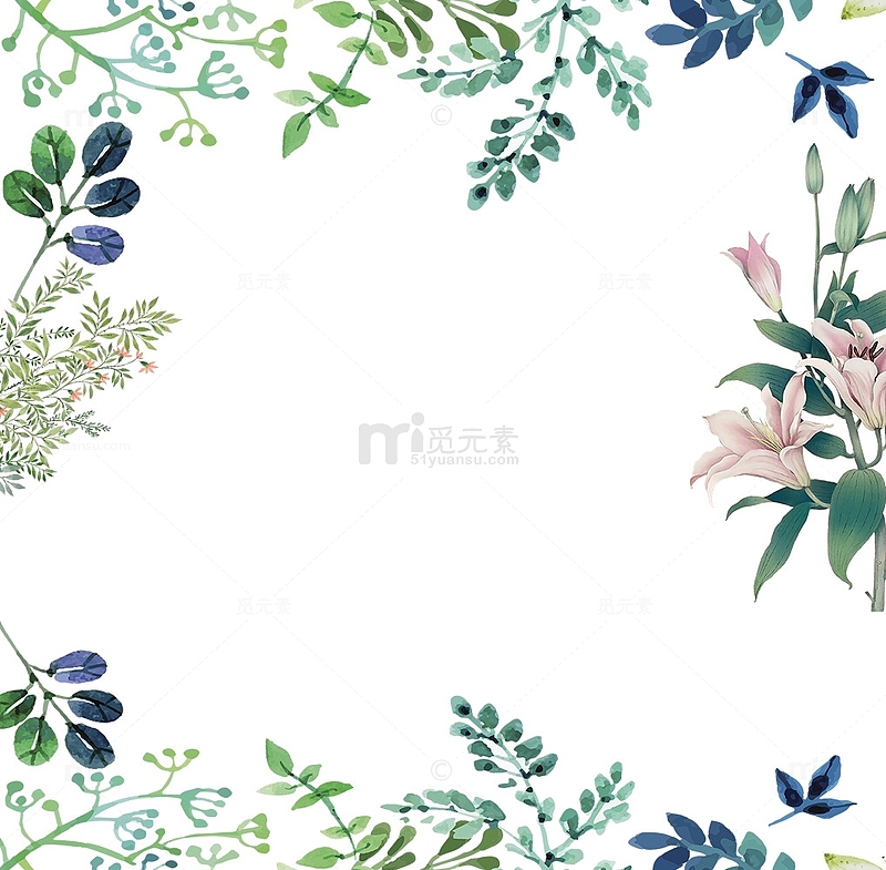 手绘花朵与手绘树叶边框