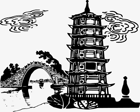 中国古建筑岳阳楼和清代建筑png矢量古风水墨山水风景背景aijpg中国古