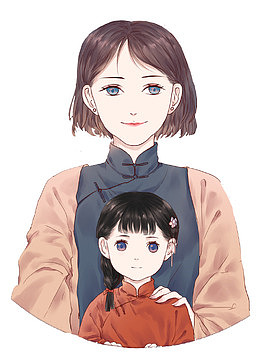 民国风手绘插画母亲节妈妈与女儿