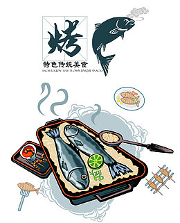 卡通日系特色传统烤鱼海报装饰