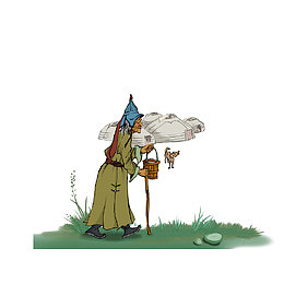 卡通手拄拐杖提着小木桶的蒙古老