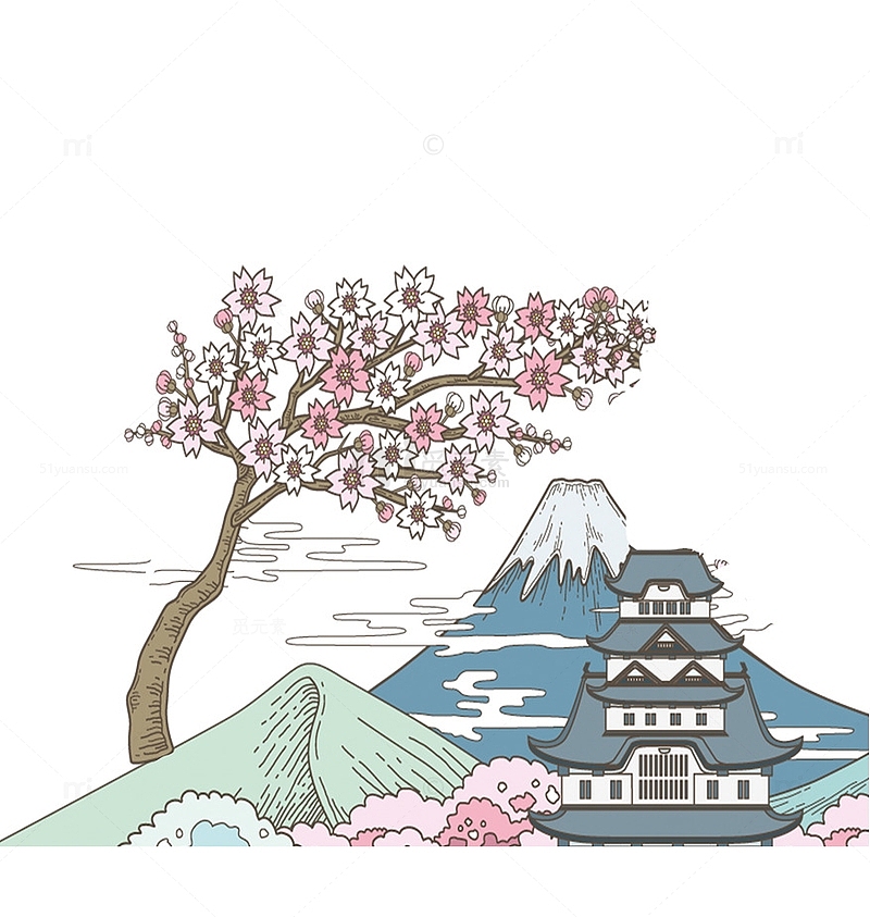 免抠卡通手绘日本富士山樱花树装