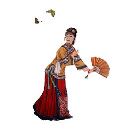 手绘清装红楼梦人物插画宝钗扑蝶