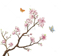 手绘桃花花枝吸引蝴蝶免扣