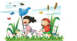 矢量手绘捉蝴蝶的小孩子