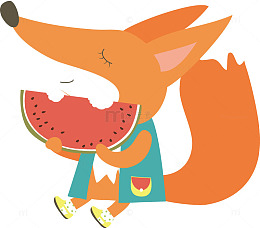 手绘卡通森林动物松鼠吃西瓜插画