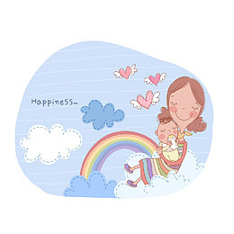 蓝色浪漫可爱妈妈与小孩