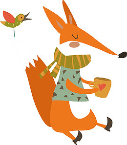 森林动物狐狸与小鸟卡通插画素材